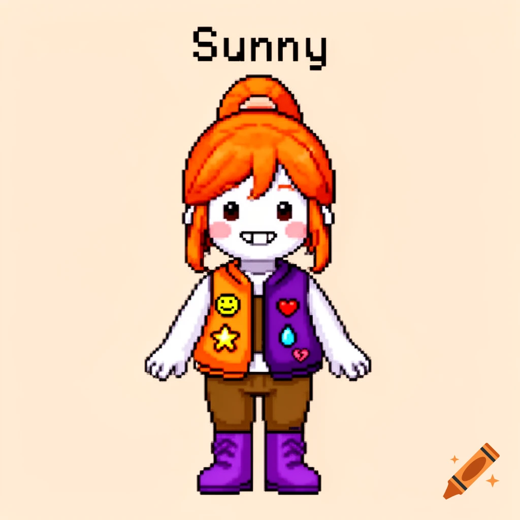 Pixel art character named Sunny with orange hair, a split orange and purple vest, brown pants, and purple boots.