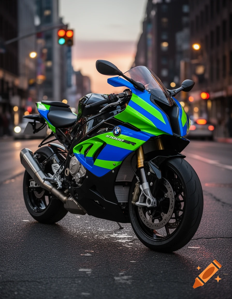 A vibrant blue and green striped BMW S1000RR motorcycle parked on a wet city street at dusk.