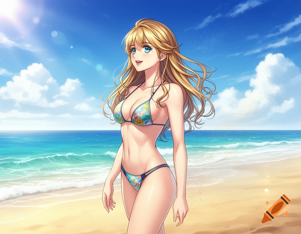 An anime-style woman with long blonde hair and blue eyes smiles while standing on a sunny beach, wearing a colorful bikini.