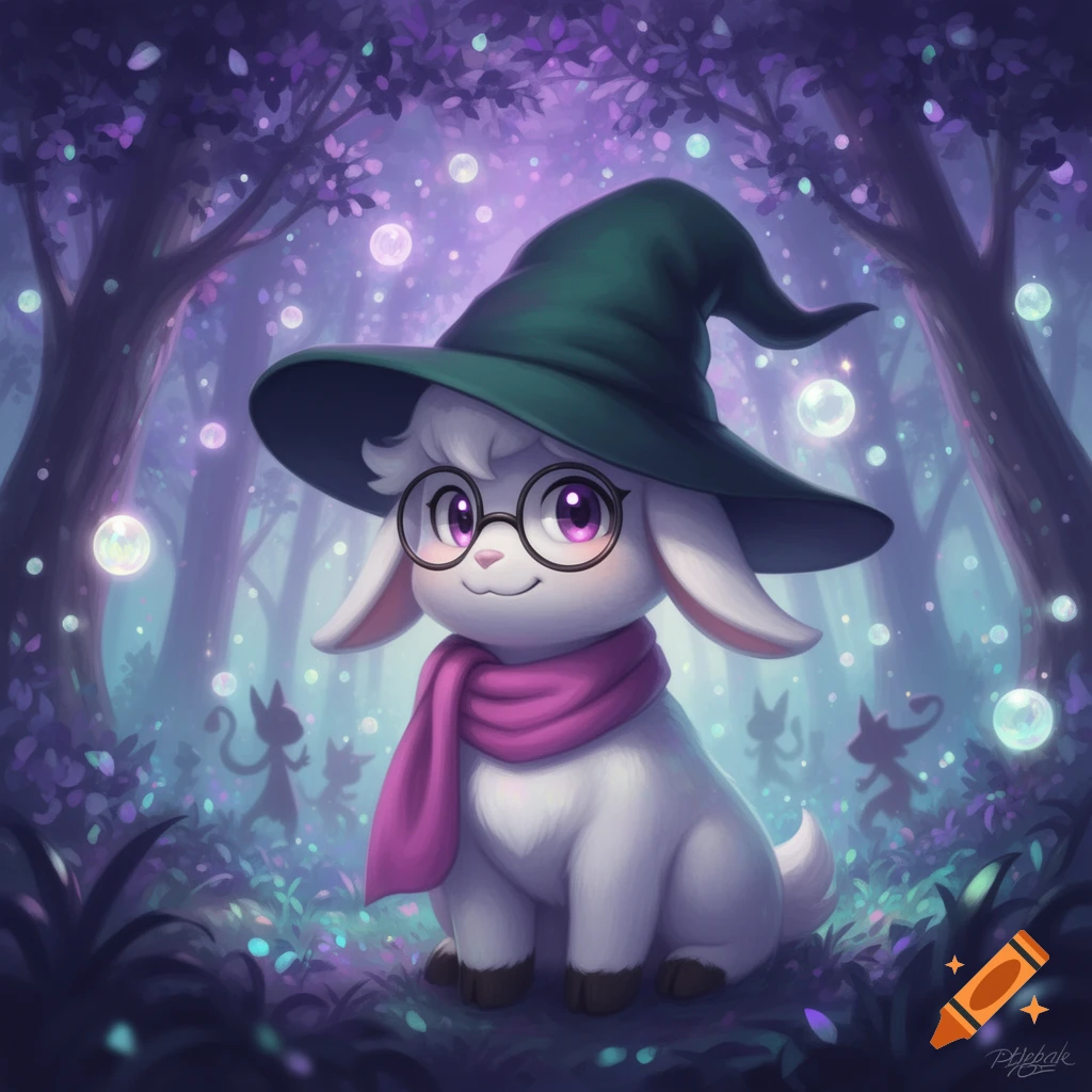 A cute white goat-like creature wearing a green wizard hat, round glasses, and a pink scarf, sits in a magical purple forest.