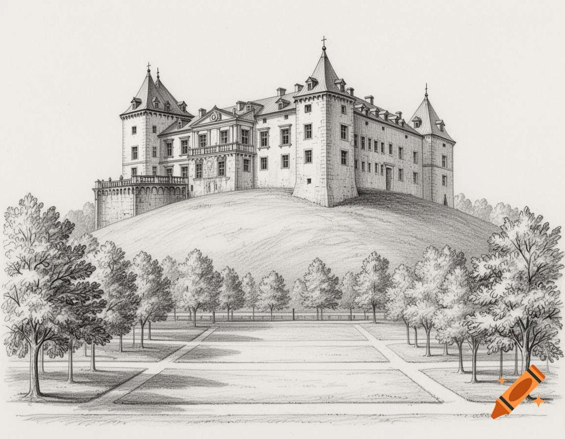 Fine-line pencil sketch drawing of a 17th-century Piedmontese castle on a hill with a park below.