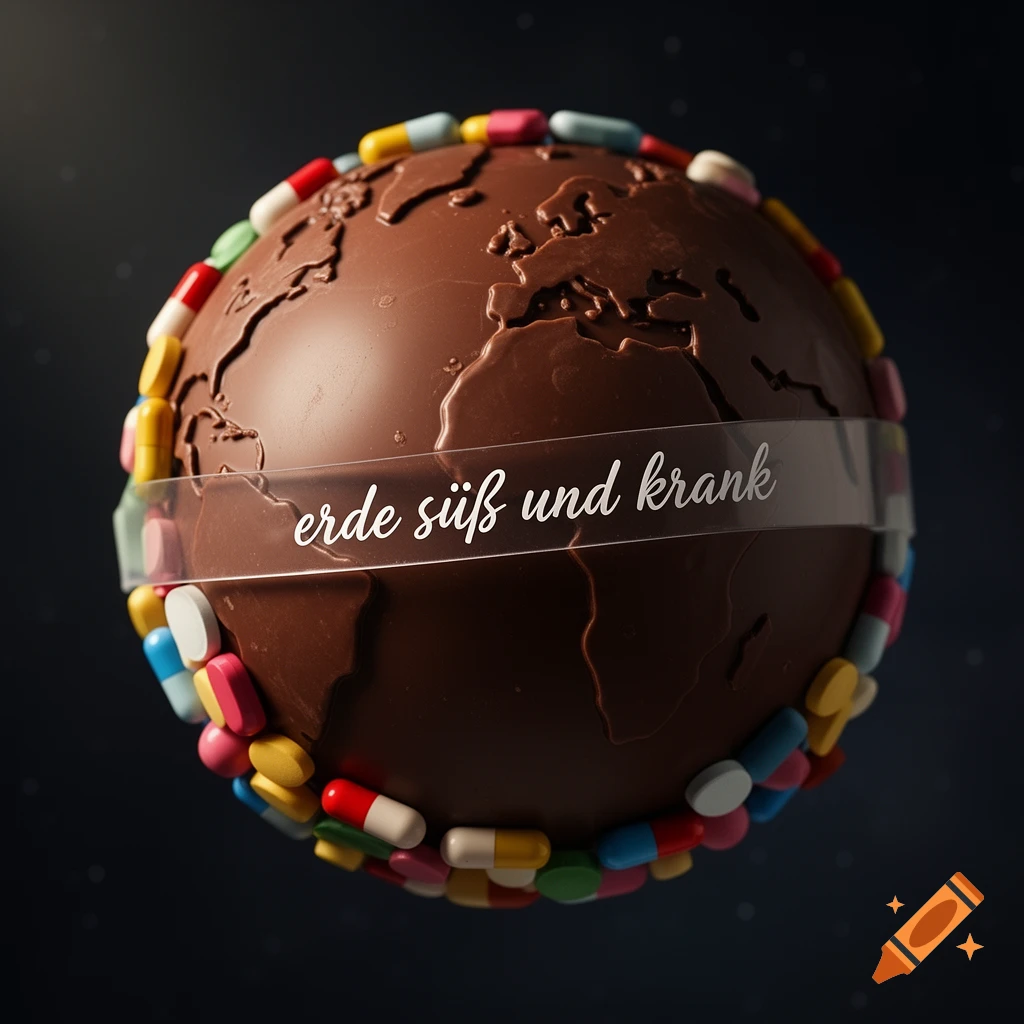 A chocolate globe with continents outlined, encircled by colorful pills and a transparent band featuring the German text 'erde süß und krank'.