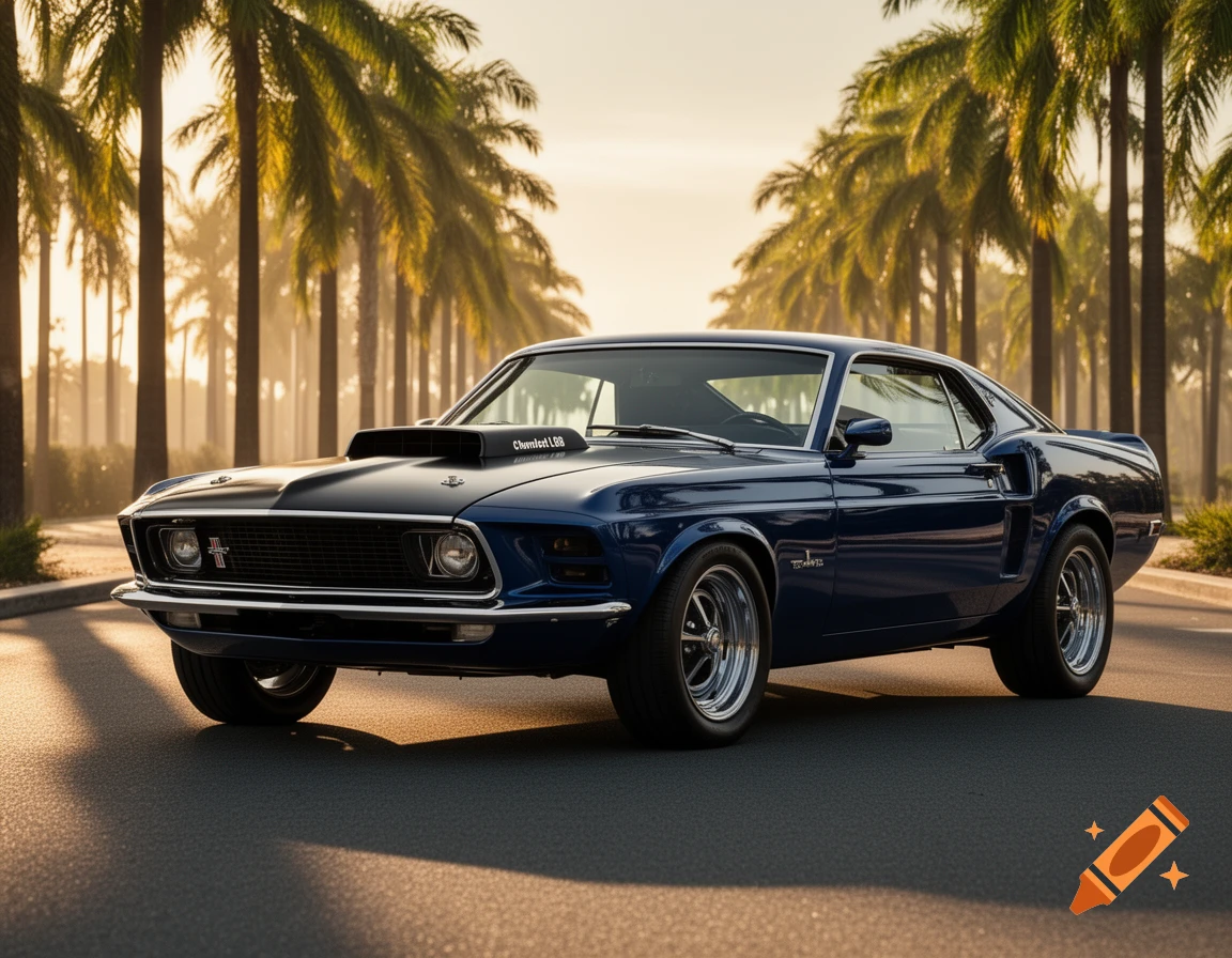A dark blue 1969 Ford Mustang, featuring a black Chevrolet L88 hood scoop, parked on an asphalt road lined with tall palm trees at sunset.