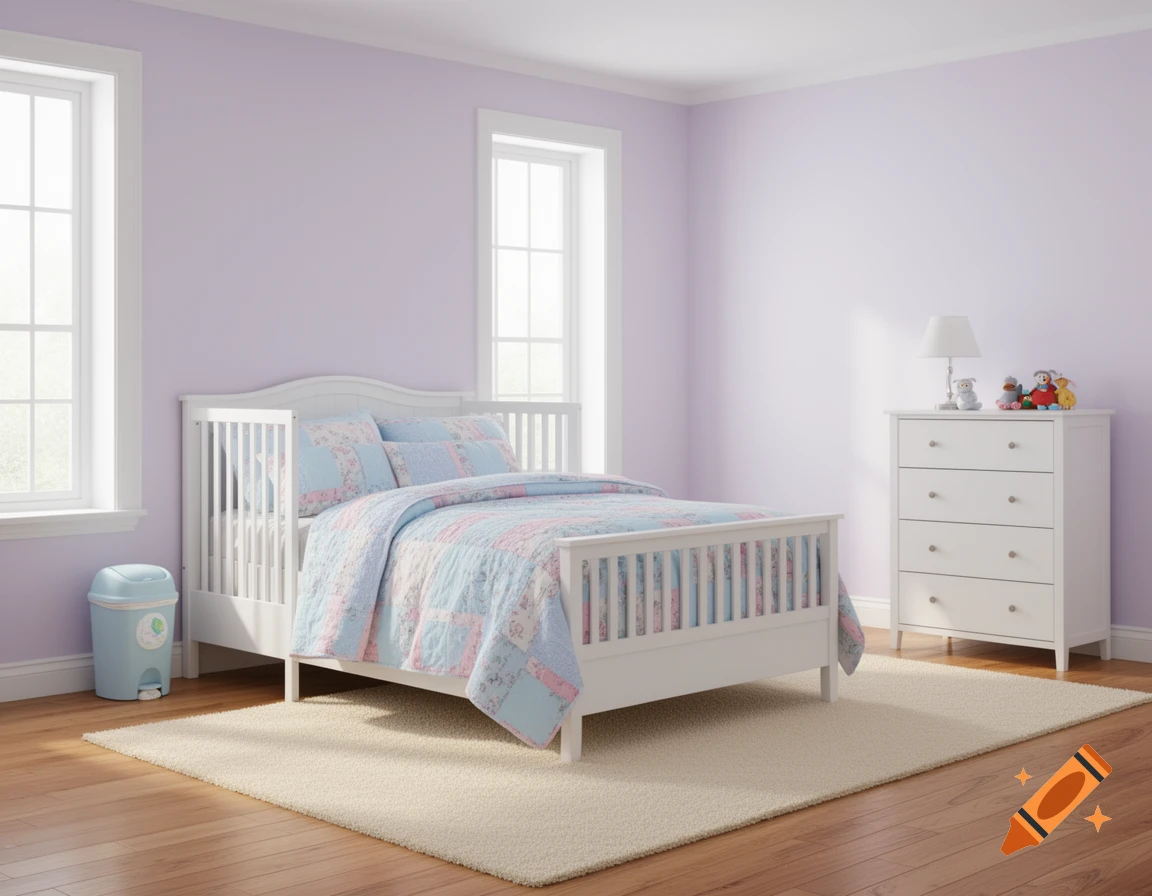 A light purple room with a white day bed with a pastel blue and pink patchwork quilt, a white dresser with toys, and a blue diaper pail.