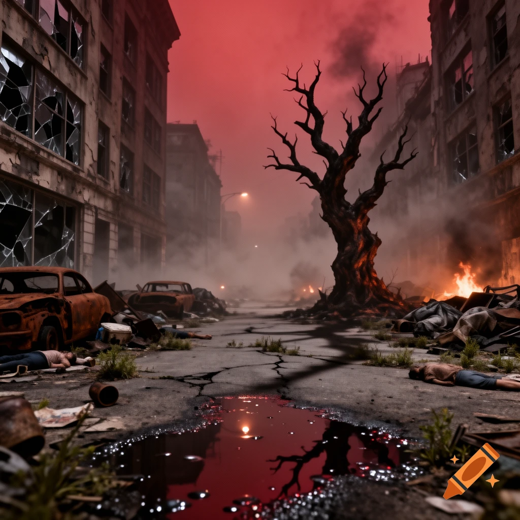 A desolate street in a destroyed city with a red sky, abandoned cars, a dead tree, rubble, and bodies, photorealistic.