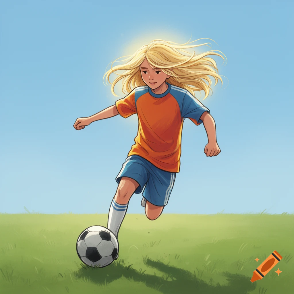 A child with long blonde hair in an orange and blue uniform dribbling a soccer ball on a grassy field under a blue sky, in a simple drawing style.