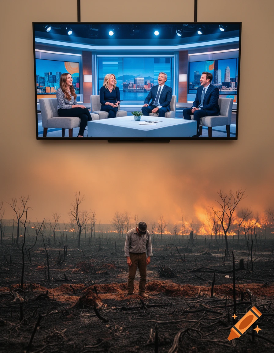 A desolate farmer in a burnt, smoking landscape below a TV screen showing four laughing talk show hosts, depicting media detachment.