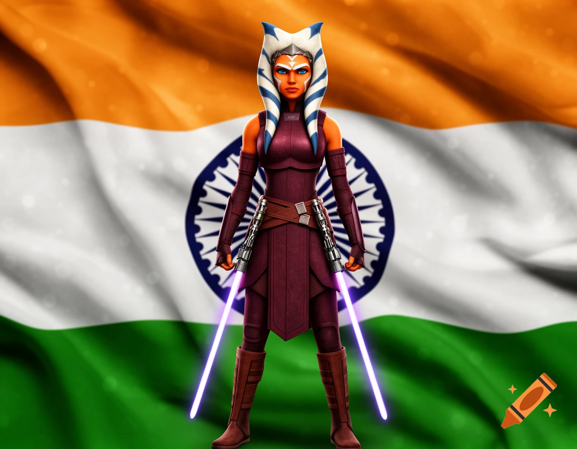 Ahsoka Tano from Star Wars stands centered in front of a waving India flag, holding two purple lightsabers.