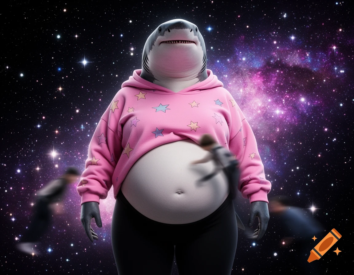 A pudgy anthropomorphic shark in a pink hoodie with stars stands in a galaxy, with blurred figures near its stomach.