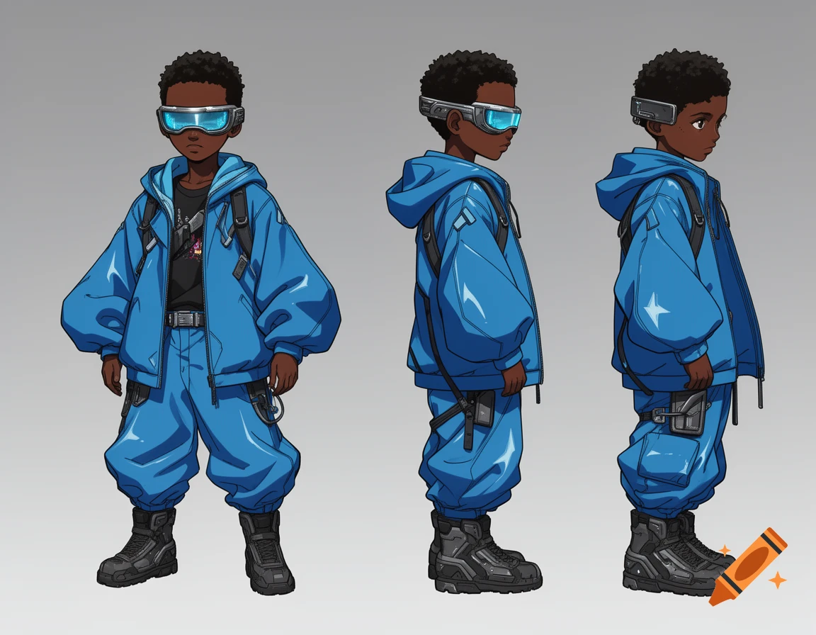 Three anime-style views of a young Black boy in an oversized blue jacket, baggy pants, boots, and a cybernetic visor.