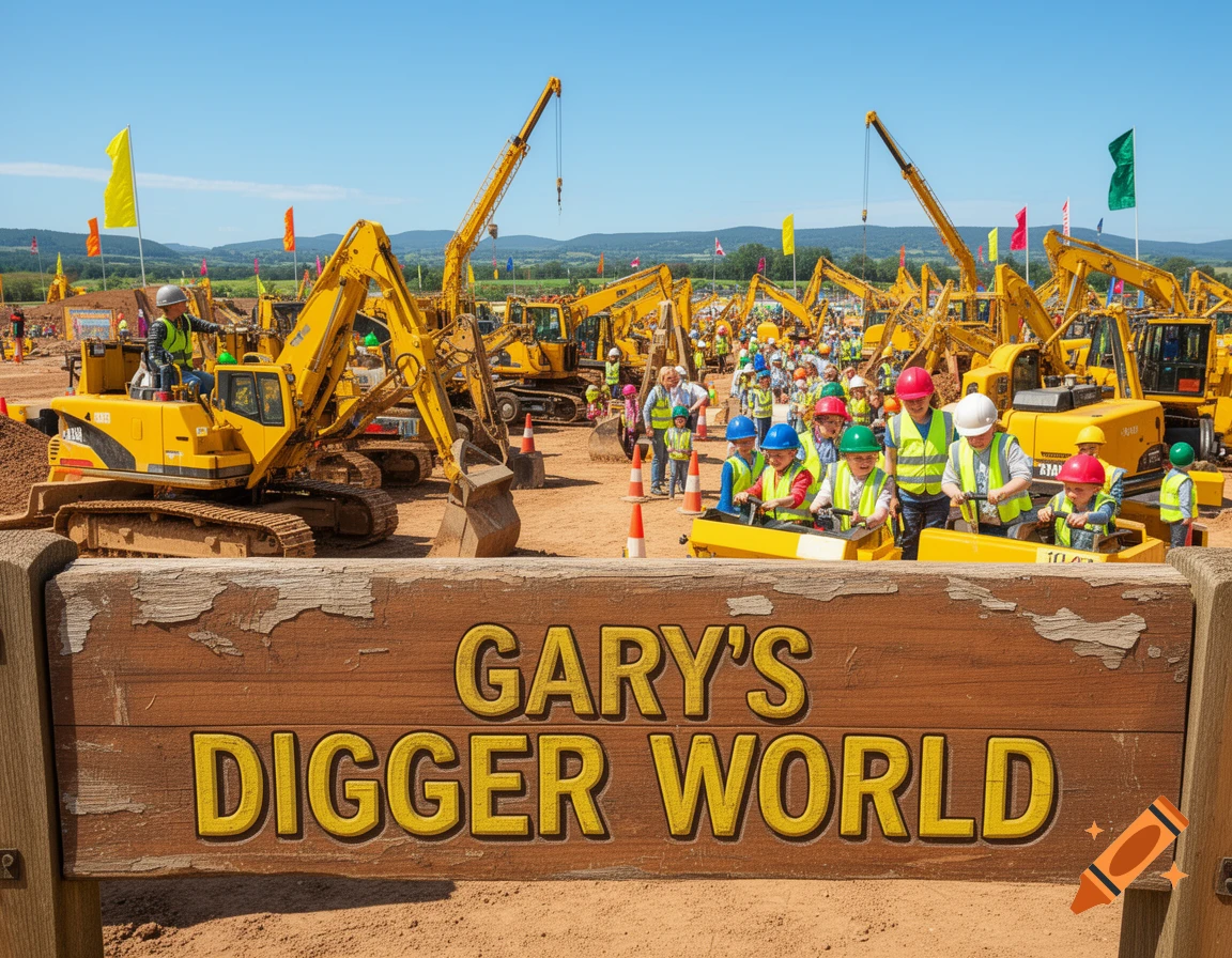 Photorealistic image of children in hard hats playing with mini diggers at 'Gary's Digger World', with many yellow excavators in the background.
