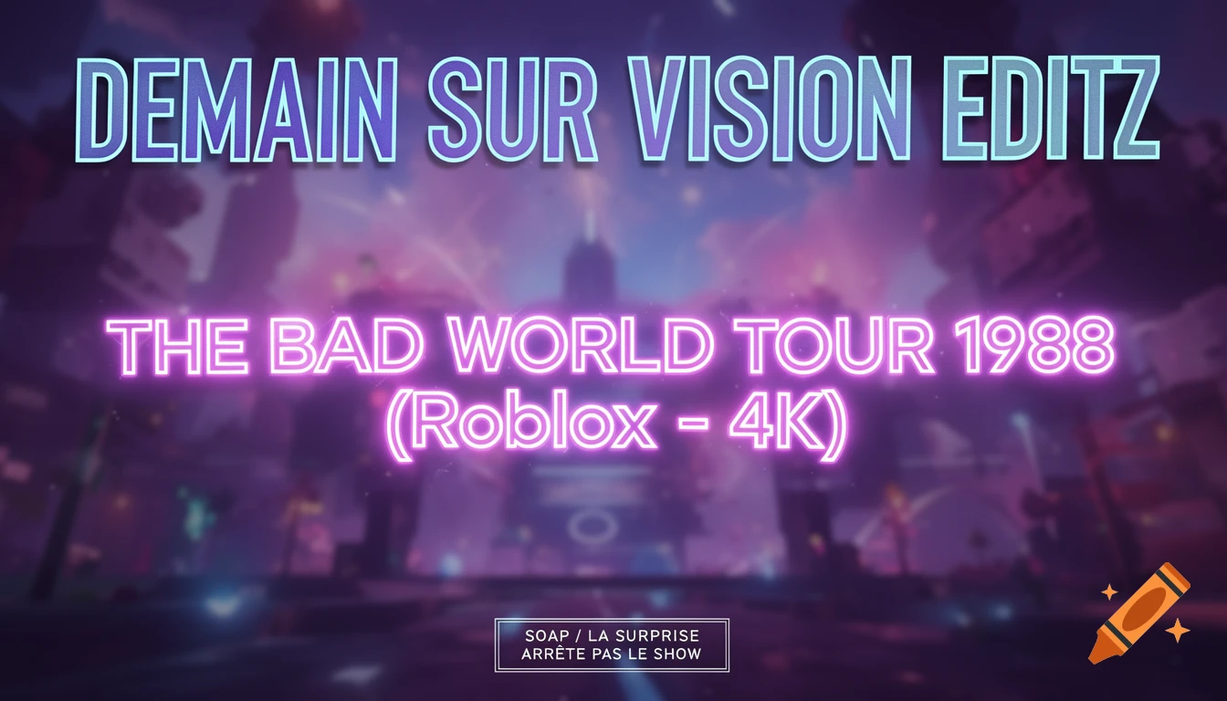 Neon text 'DEMAIN SUR VISION EDITZ THE BAD WORLD TOUR 1988 (Roblox - 4K)' and 'SOAP / LA SURPRISE ARRÊTE PAS LE SHOW' on a blurred futuristic city background.