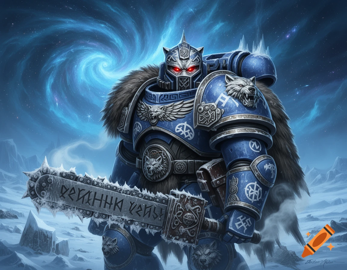 A Space Wolf Space Marine in ornate blue armor, fur mantle, and red-eyed helmet holds a chainsword in a snowy, cosmic landscape.
