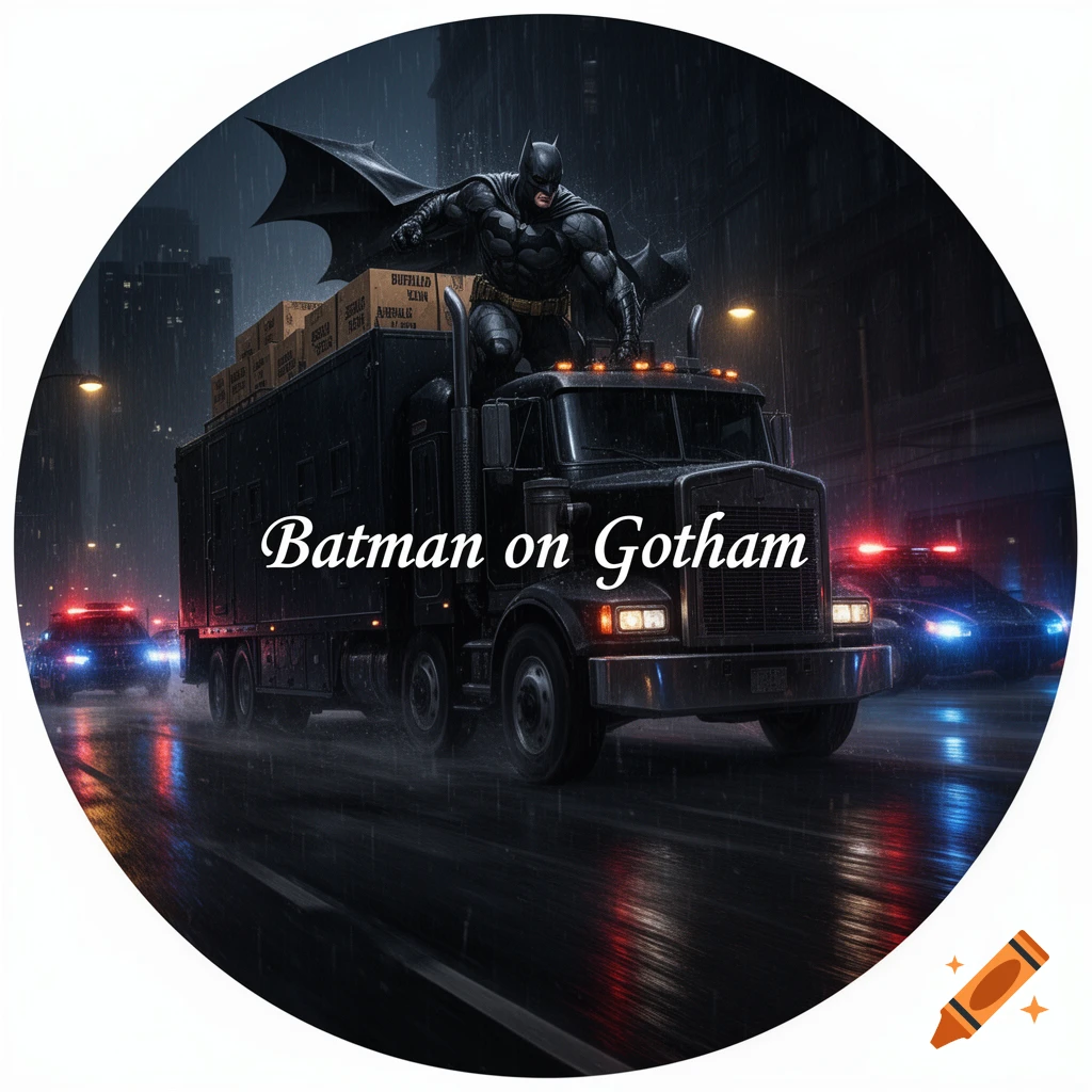 Batman stands atop a moving black truck laden with boxes, pursued by police cars on a dark, rainy Gotham city street. The words "Batman on Gotham" are overlaid in cursive.