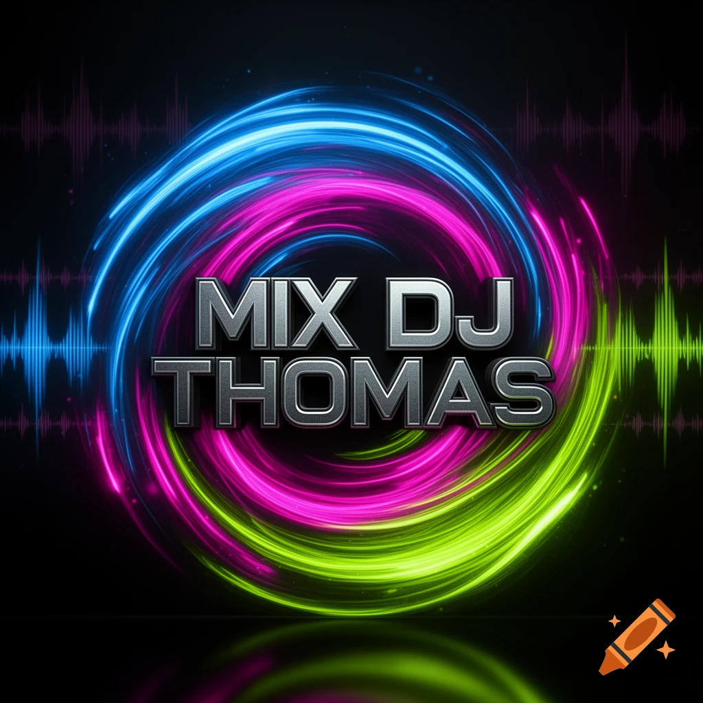 Silver metallic text "MIX DJ THOMAS" with neon blue, pink, and green swirling light trails on a dark background with sound waves.