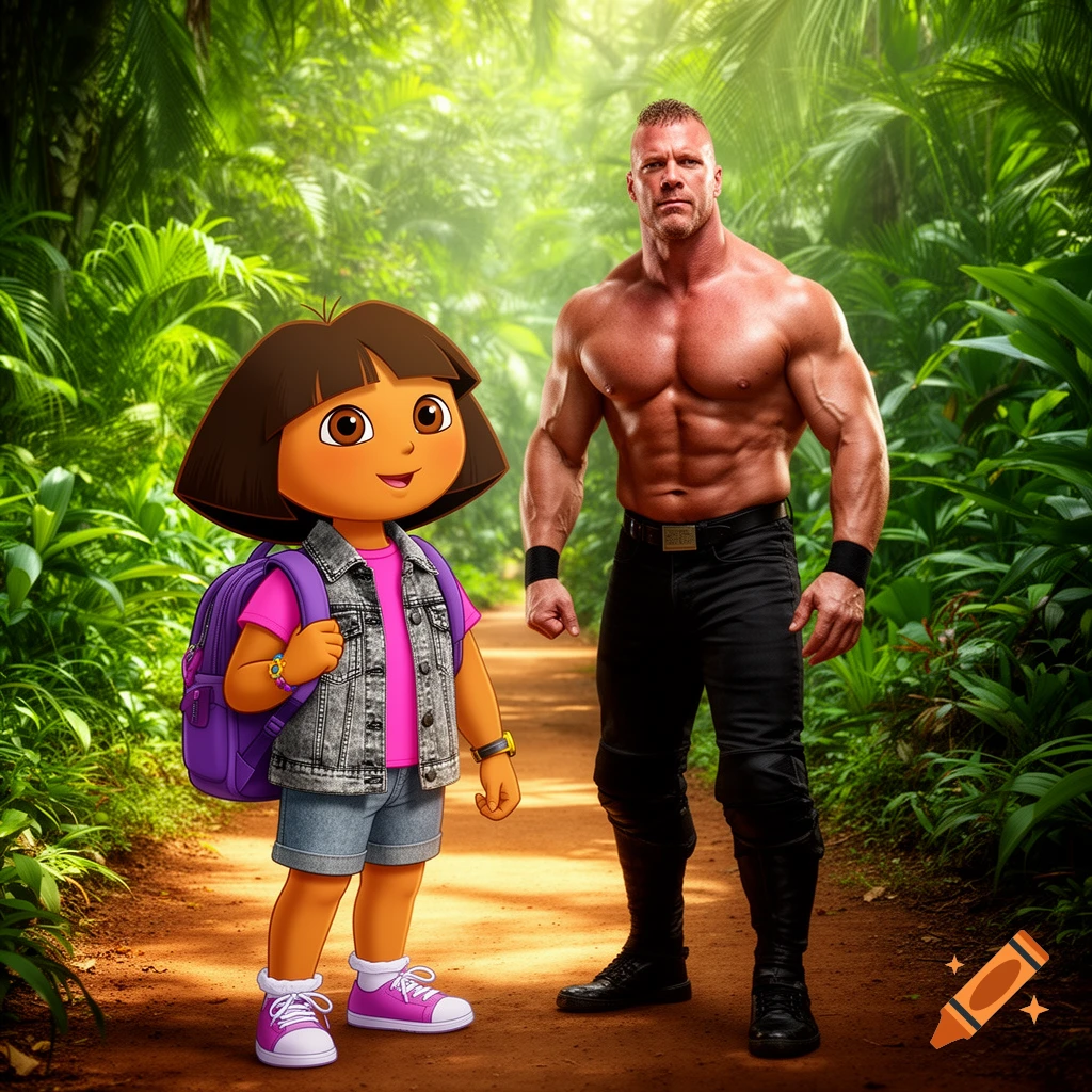 Dora the Explorer and a muscular man stand side-by-side on a jungle path, a mix of cartoon and photorealism.