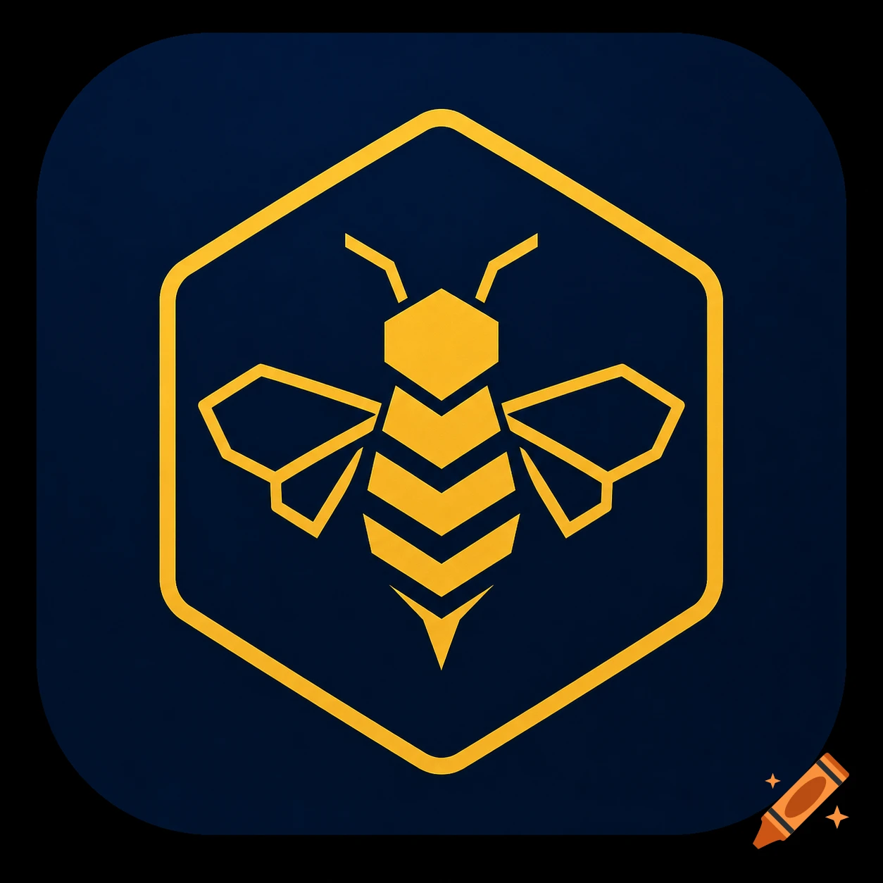 Minimalist gold geometric bee icon within a hexagon frame on a deep blue rounded square background.