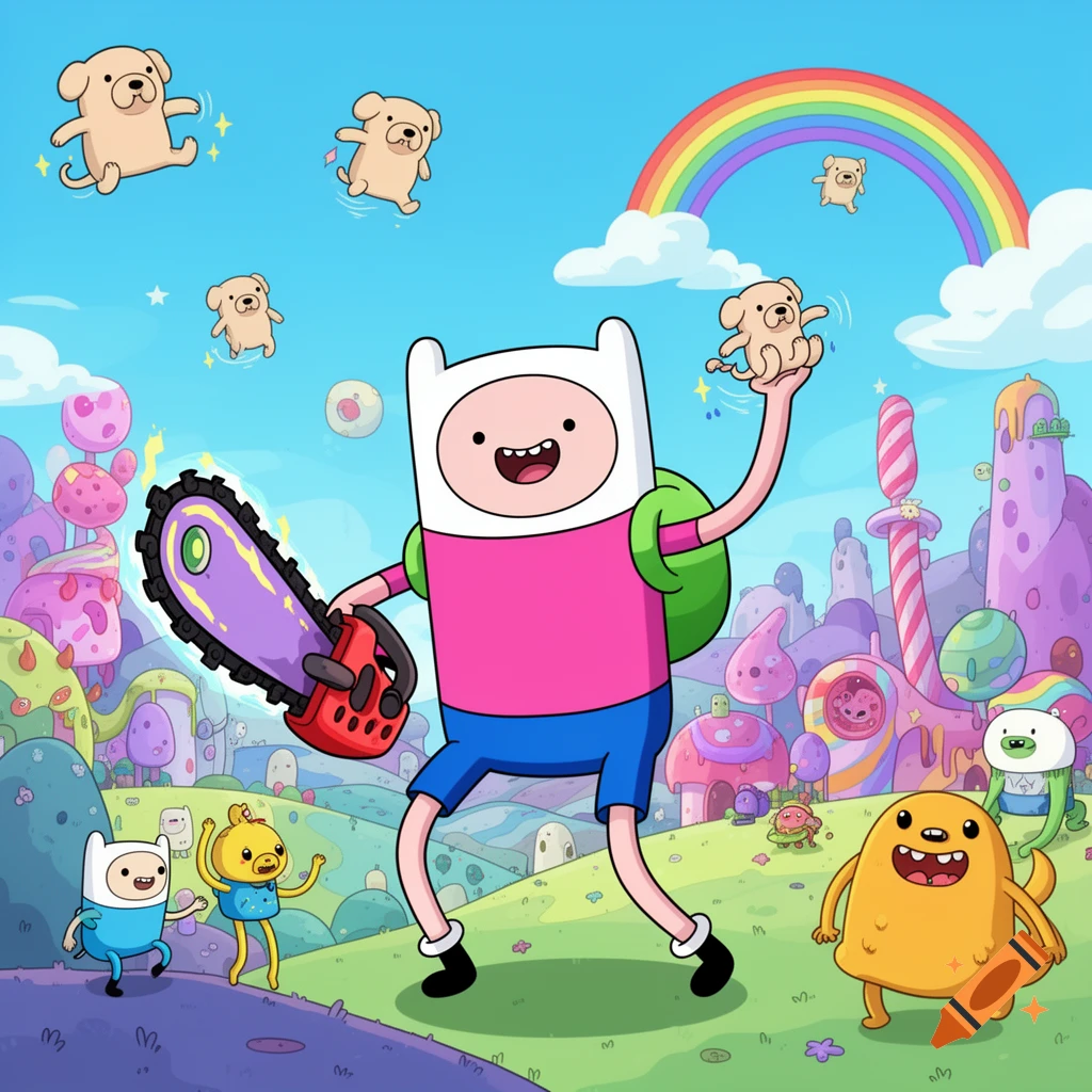 Finn from Adventure Time holding a purple chainsaw and a small dog, with other characters in a colorful, whimsical landscape.