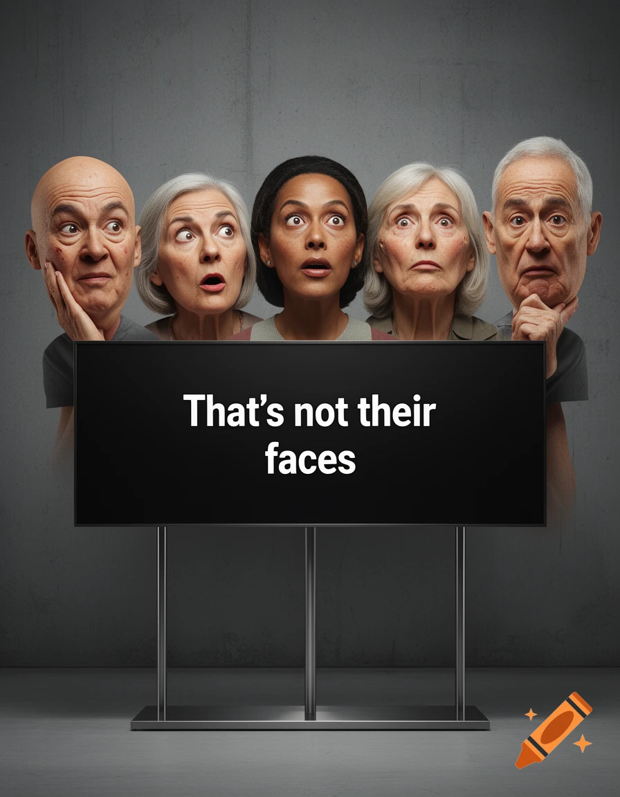 Five surprised older adults look up at a black screen displaying 'That's not their faces'.