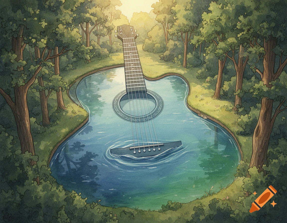 A whimsical watercolor illustration of a lake shaped like an acoustic guitar, nestled in a lush green forest under a warm sky.