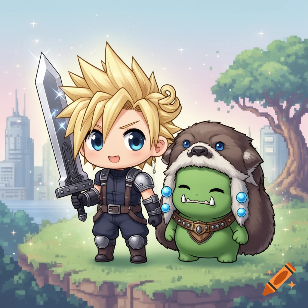 Chibi Cloud Strife with a sword stands beside a green chibi orc in a bear hat on a pixelated cliff.