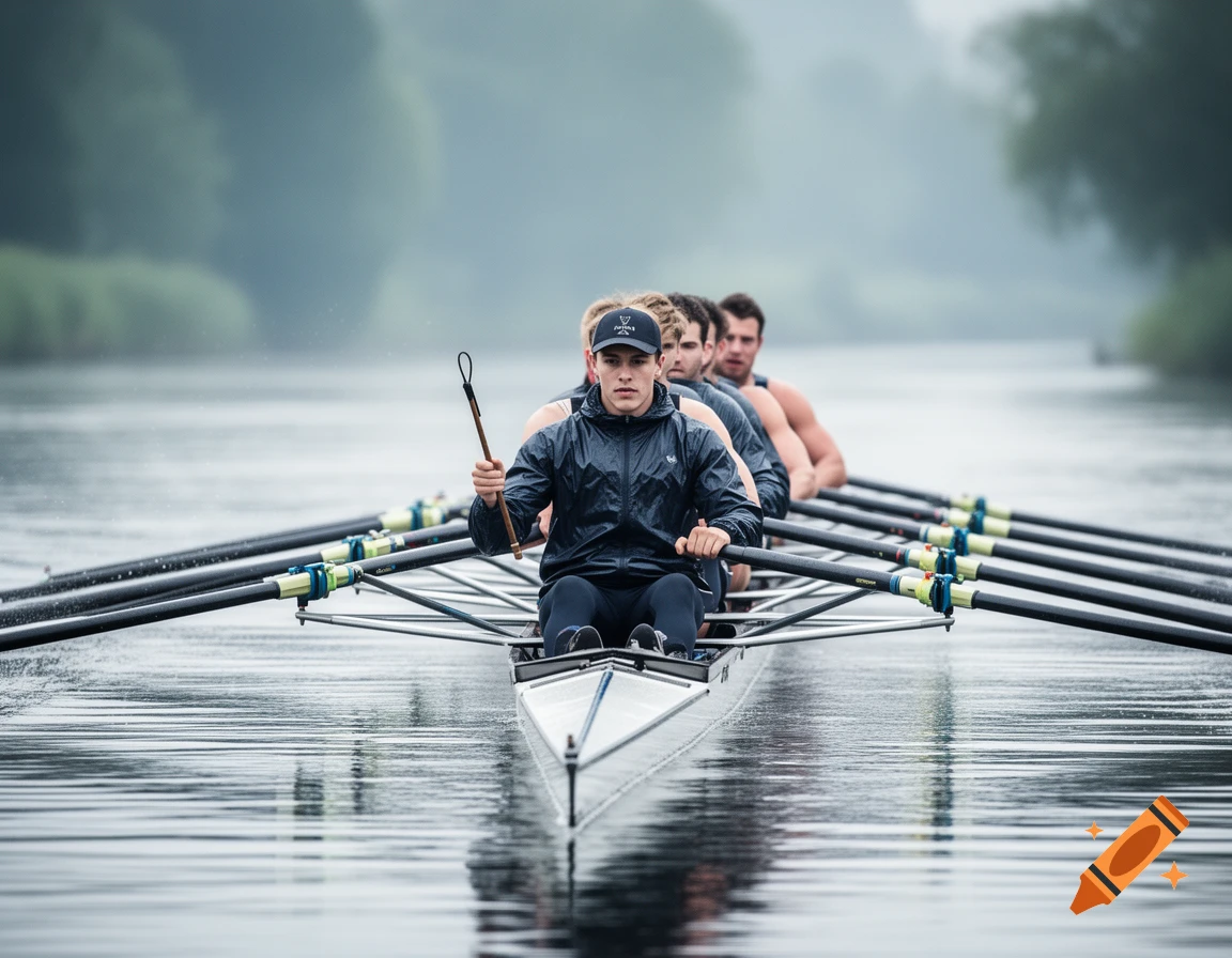 A team of rowers in a boat on the water with a coxswain in the front holding a small stick, on a cloudy day.