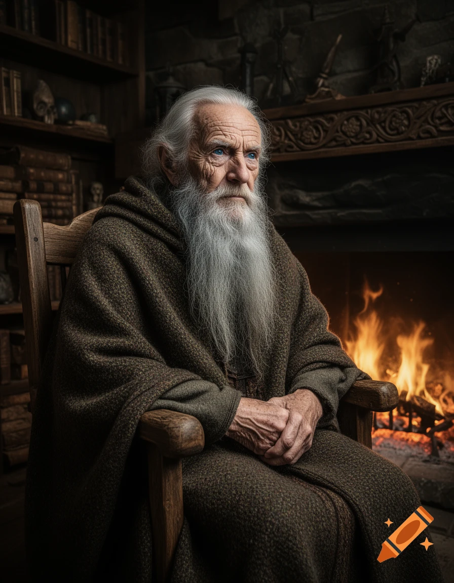 Photorealistic portrait of a wise old man with a long white beard, blue eyes, and brown robe, sitting by a warm fireplace.