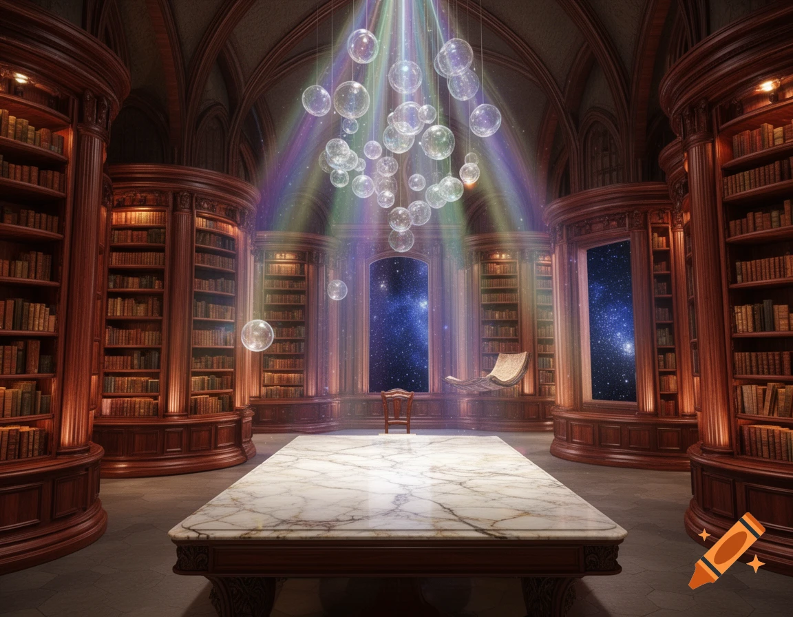 A magical library interior with grand wooden bookshelves, a marble table, starry windows, floating bubbles, and rainbow light.