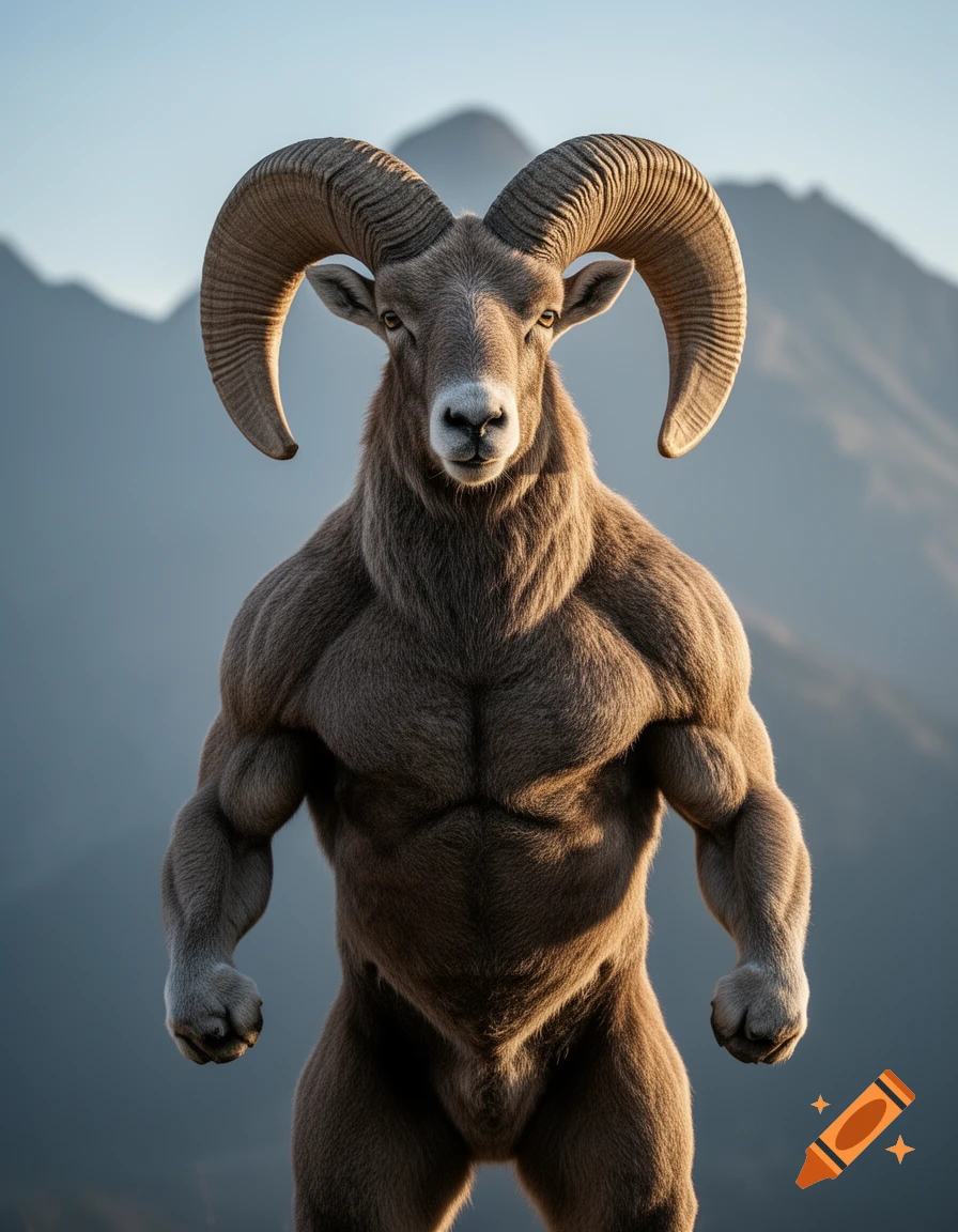 A muscular anthropomorphic bighorn ram with large curled horns stands against a mountain backdrop under a clear sky.