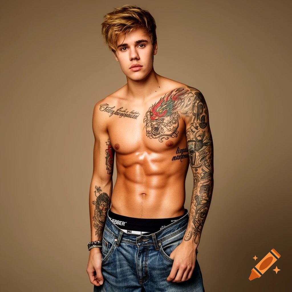 Justin Bieber shirtless, wearing sagging jeans and showing off his chest and arm tattoos, against a plain background. Photorealistic style.