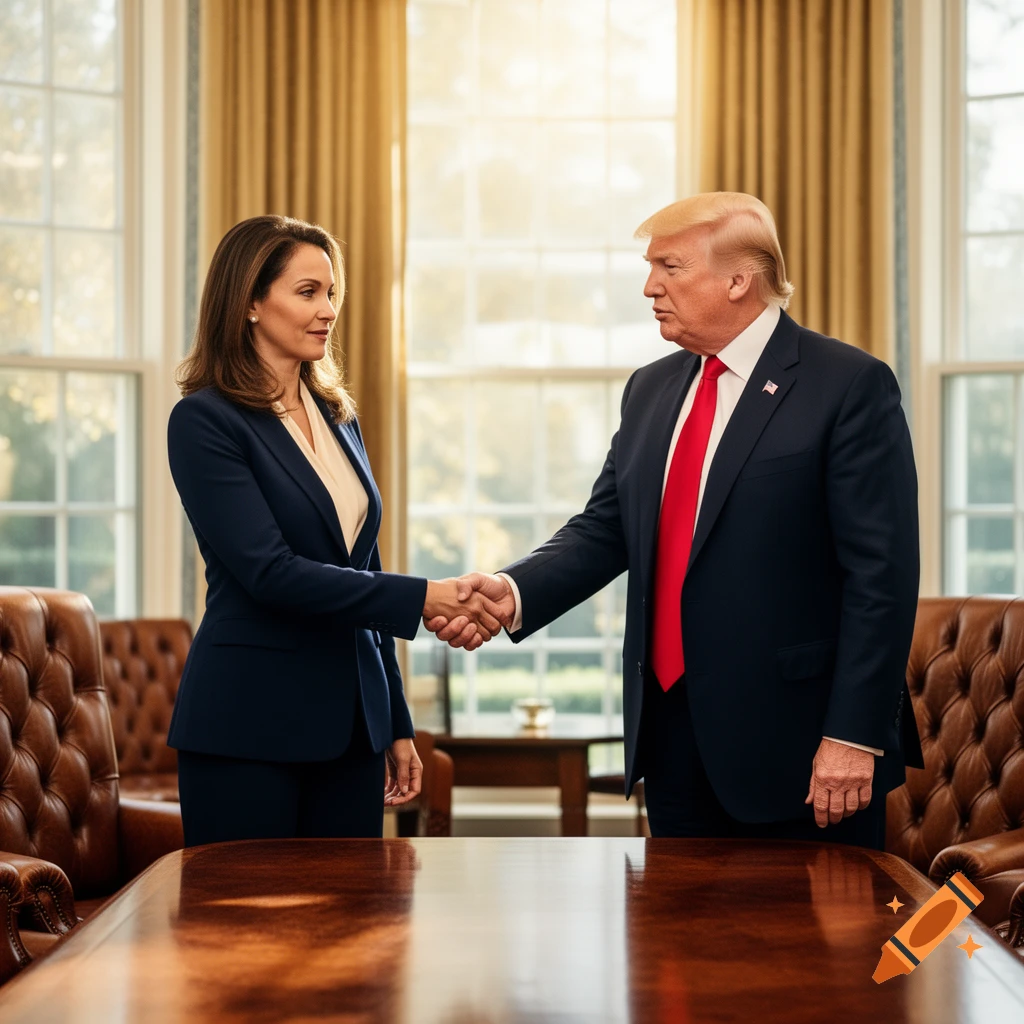 Donald Trump shakes hands with a woman in a formal office with large windows and wooden furniture.