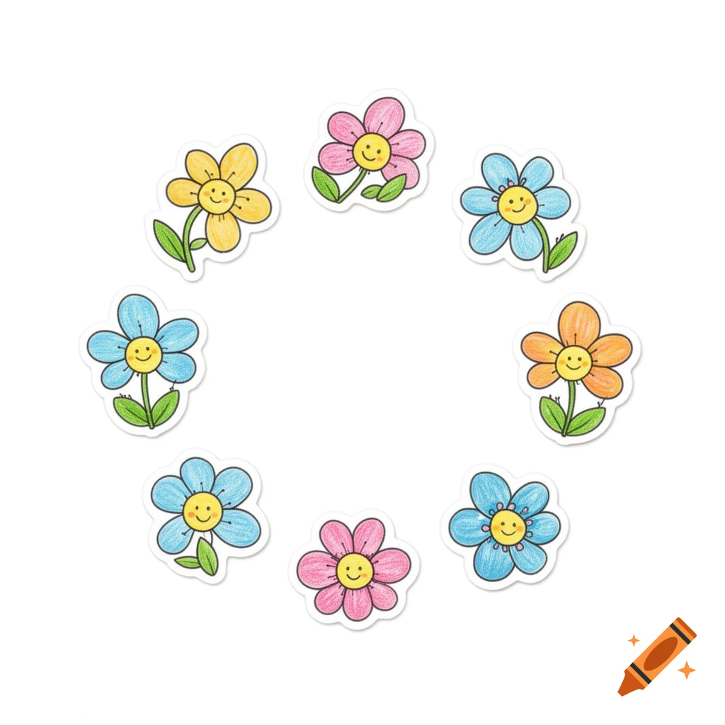 Eight colorful cartoon flowers with smiling faces arranged in a circle on a white background, in a crayon drawing style.