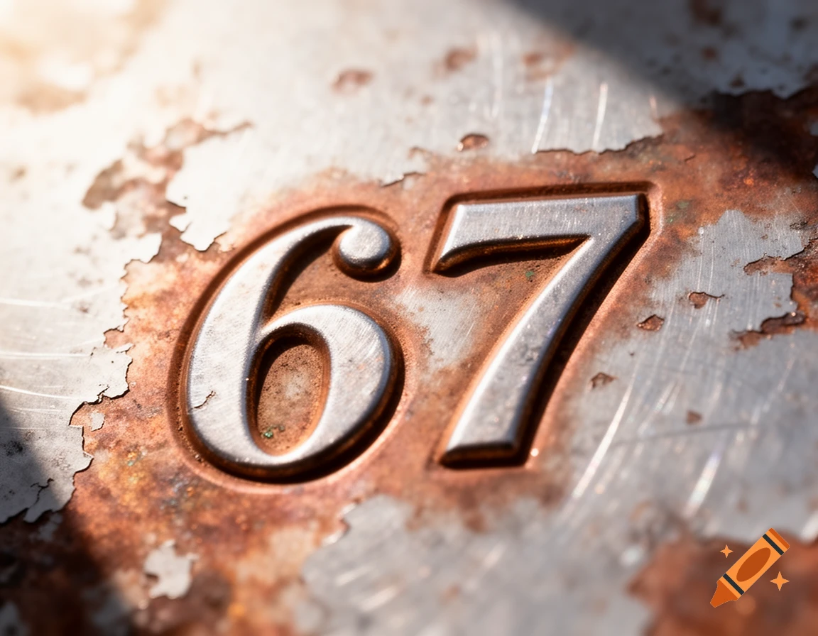 Close-up of embossed silver numbers '67' on a heavily rusted, scratched metallic surface, bathed in sunlight.