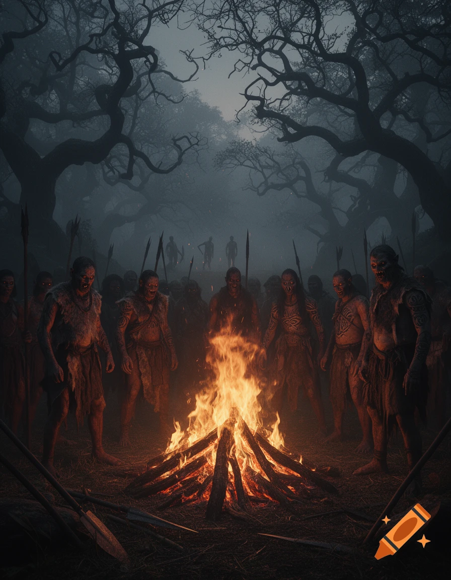 A menacing tribe of primitive, orc-like figures with spears gathered around a blazing bonfire in a dark, misty forest.