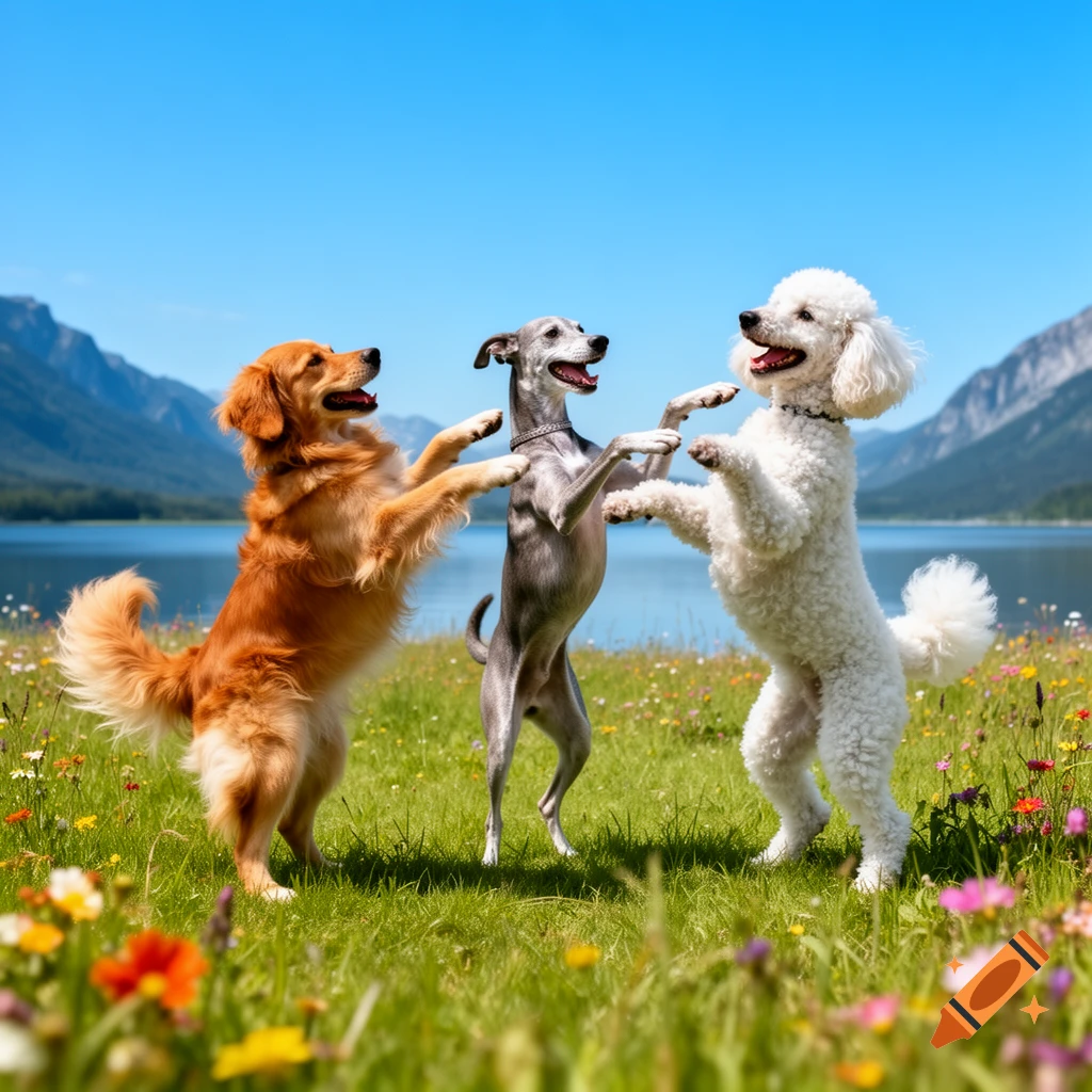 Three whimsical dogs, a golden retriever, greyhound, and poodle, dancing in a sunny wildflower field by a lake and mountains.