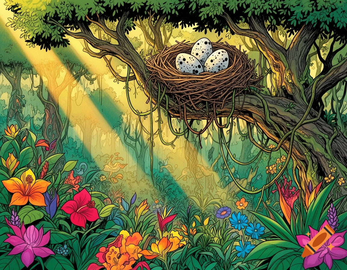 A vibrant comic book style illustration of a lush jungle with a bird's nest containing three speckled eggs in a tree.
