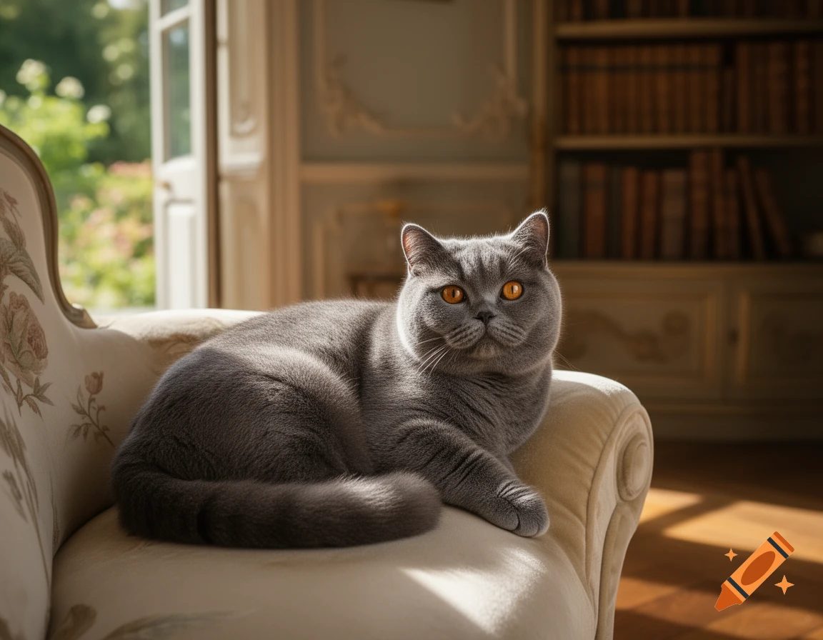 A grey British Shorthair cat with bright orange eyes reclines on a cream armchair in a sunlit classical room.