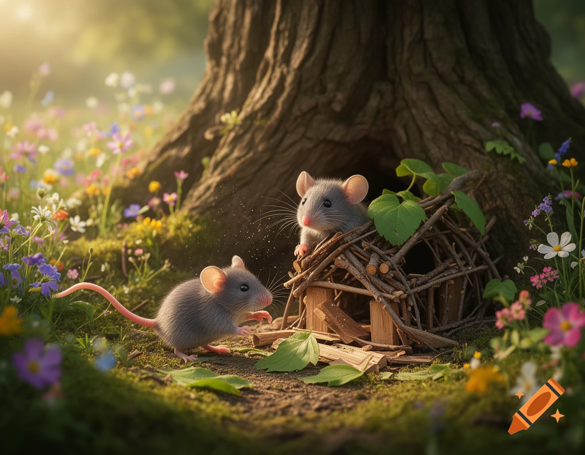 Two small grey mice, one inside a tiny stick house and one outside, in a lush green forest with colorful wildflowers and a large tree trunk, bathed in warm sunlight.