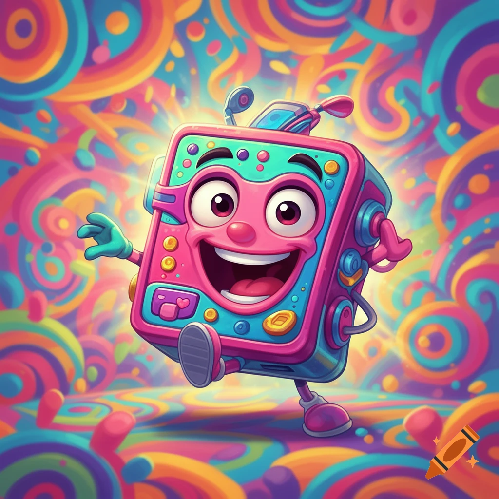 A cheerful, pink and teal cartoon character resembling a retro TV with a happy face, arms, and legs, set against a vibrant, swirling, psychedelic background.