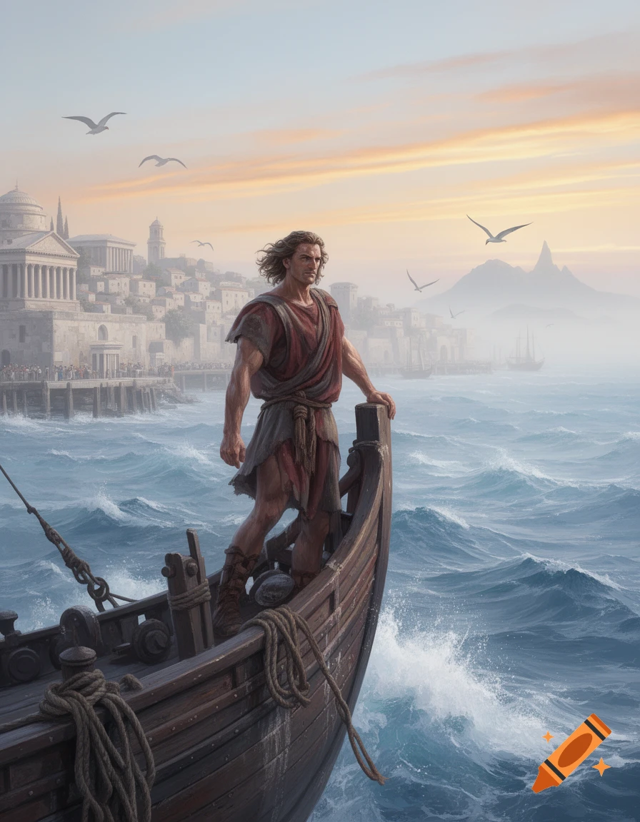 A strong man in ancient robes stands on a wooden boat, sailing past a classical city and misty mountains at sunrise, digital painting.