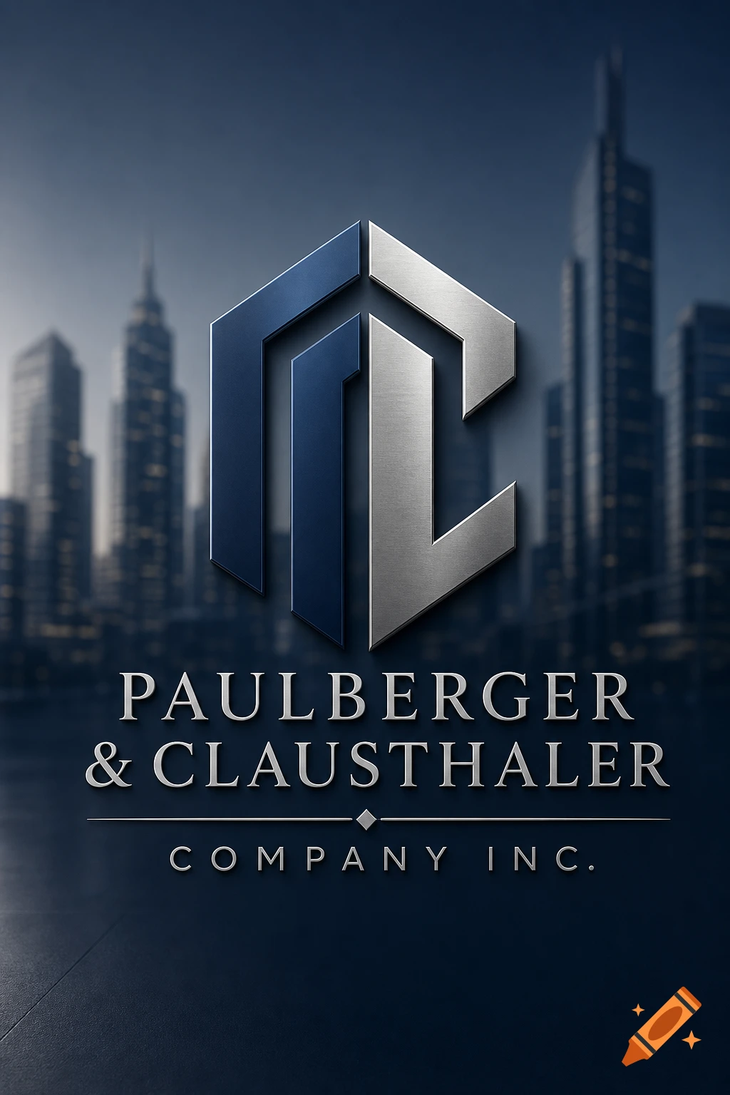 A metallic 3D corporate logo with 'PAULBERGER & CLAUSTHALER COMPANY INC.' text against a blurred city skyline.