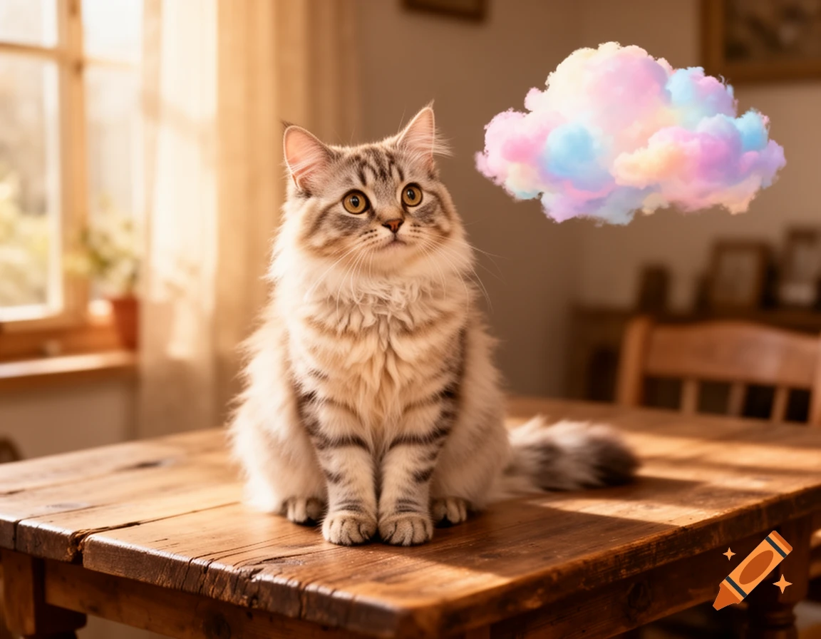 A fluffy, tabby cat sits on a wooden table looking up at a pastel rainbow cloud floating above its head, in a sunny room.