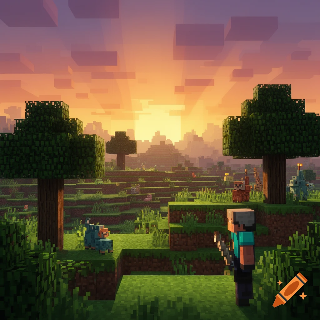 A blocky Minecraft-style landscape at sunset, featuring a player character, trees, and creatures on green hills.