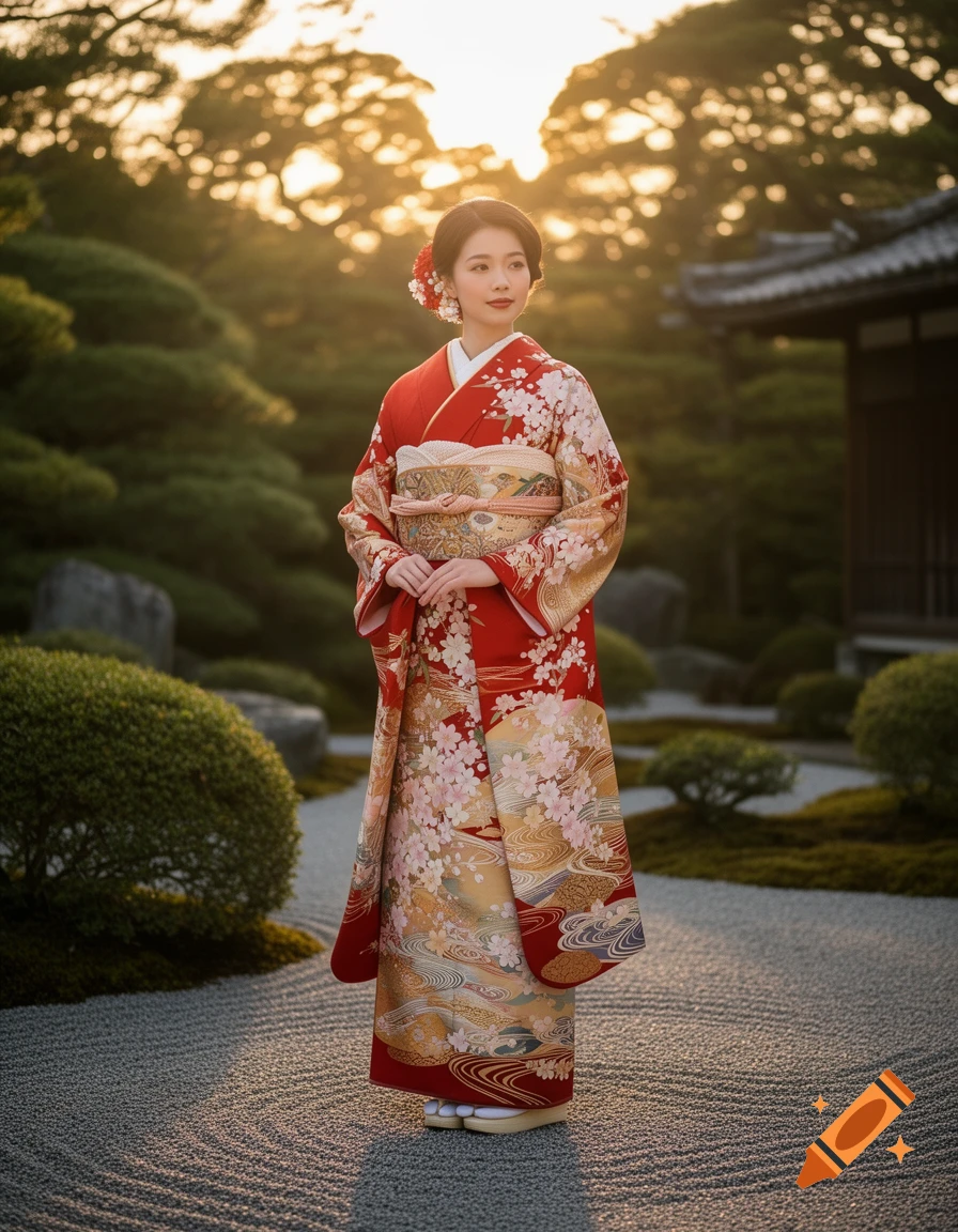 A woman in a vibrant red and gold floral kimono stands in a tranquil Japanese garden, illuminated by warm sunset light.