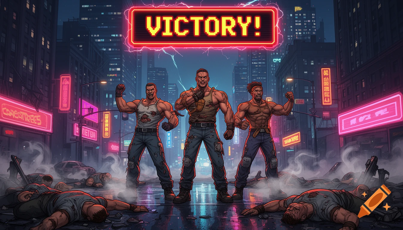 Three muscular men stand victoriously over defeated foes in a neon-lit cyberpunk city street, with a large pixelated 'VICTORY!' sign above them, in a comic book art style.