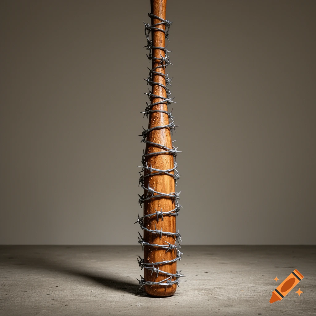 Photorealistic image of a wooden baseball bat tightly wrapped with barbed wire, standing on a concrete floor.