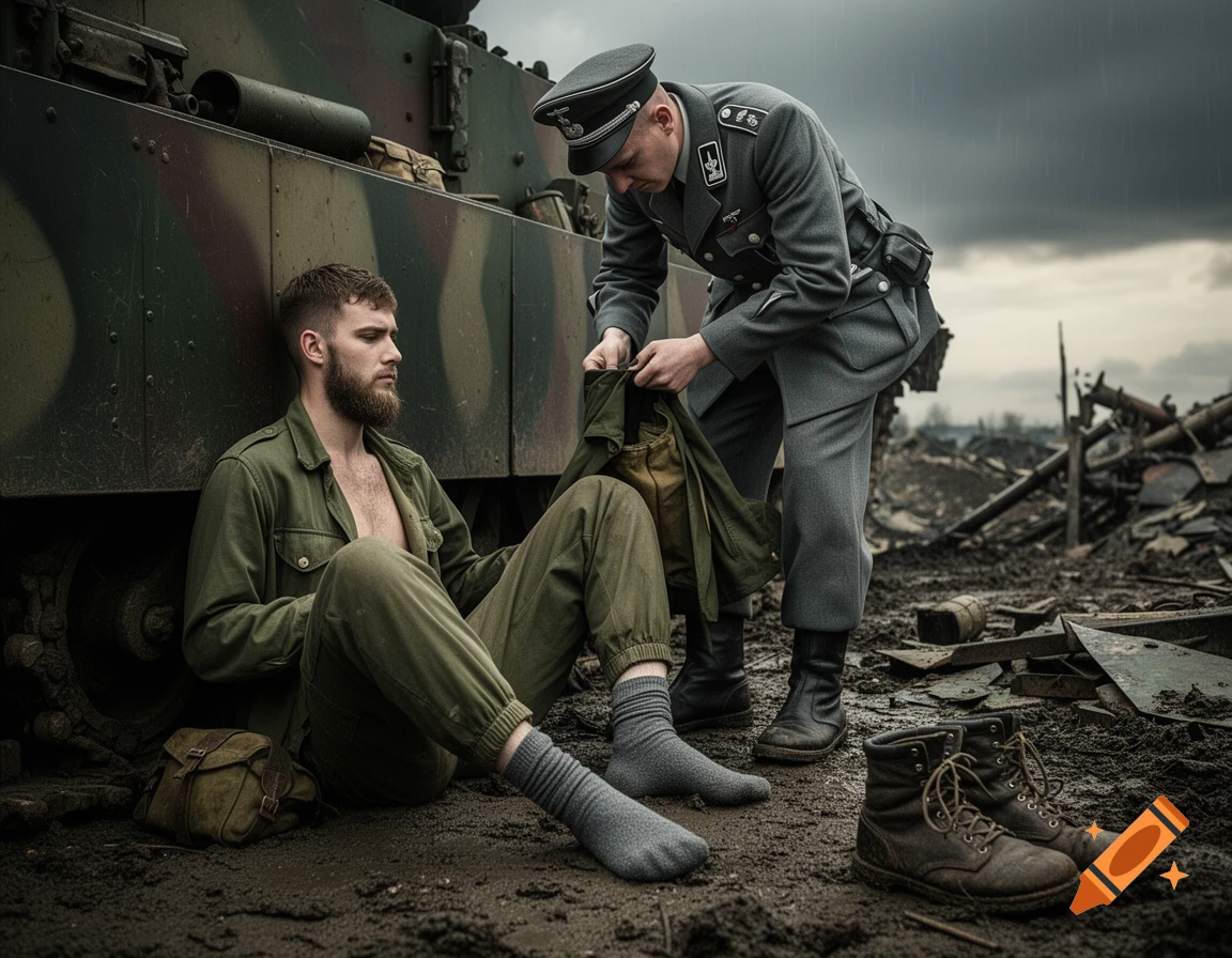 A German soldier searches a shirtless American GI with a beard, who sits shoeless on muddy ground against a camouflage tank in a war-torn landscape.