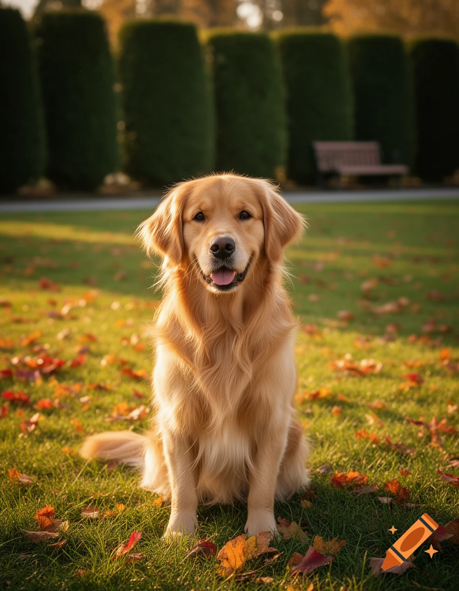 A golden retriever dog sits happily in a sunlit park covered with autumn leaves, with tall green hedges in the background.