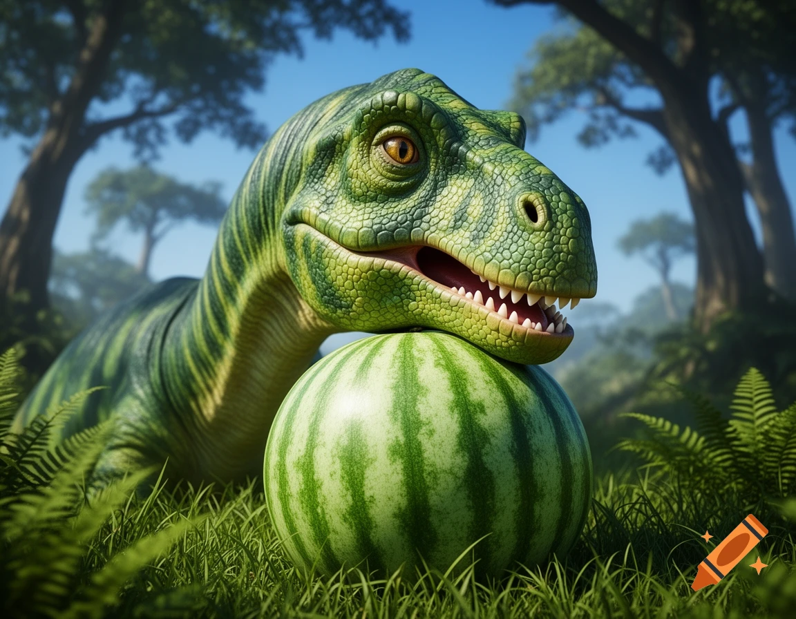A green dinosaur rests its head on a large watermelon in a lush jungle with trees and a blue sky.