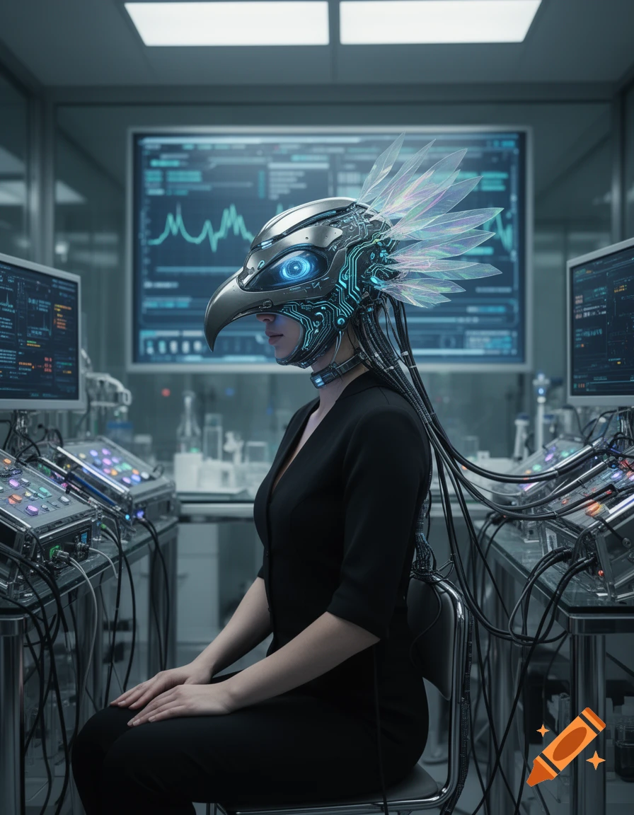 A woman wears a detailed, metallic bird-like mask with glowing circuits in a futuristic laboratory.